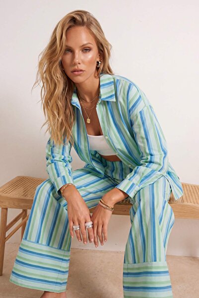 Trendyol Collection Set cămașă și pantaloni de plajă oversize cu dungi albast...