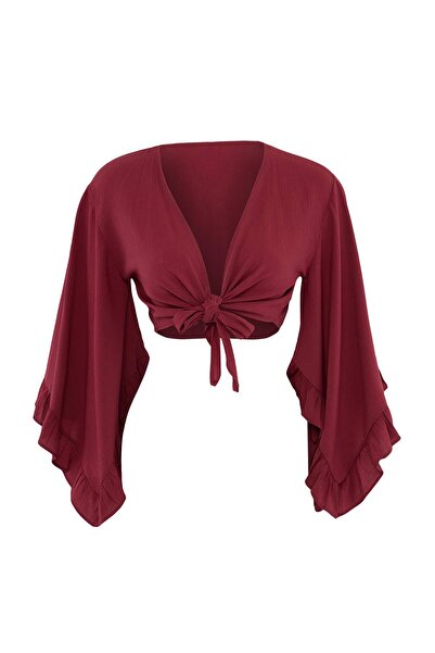 Trendyol Collection Bluză crop de plajă cu volane, țesută, roșu burgund TBESS...