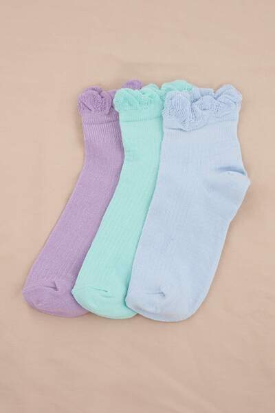 Trendyol Collection Lilac-Blue-Green 3-Piece Plain Jacquard Knitted Socks Thm...