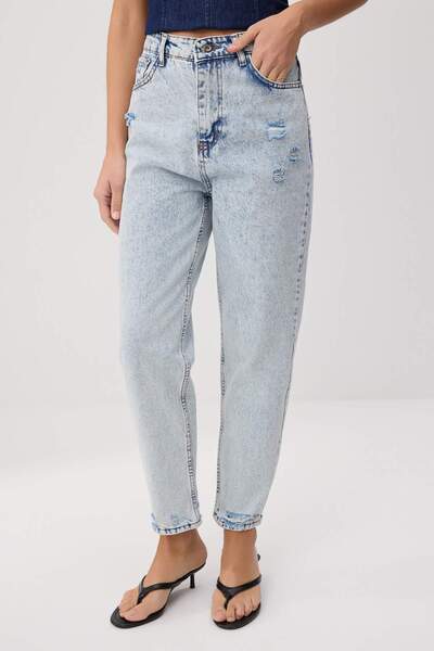 Trendyol Collection Light Blue High Waist 100% Cotton Non-Stretch Mom Jeans T...