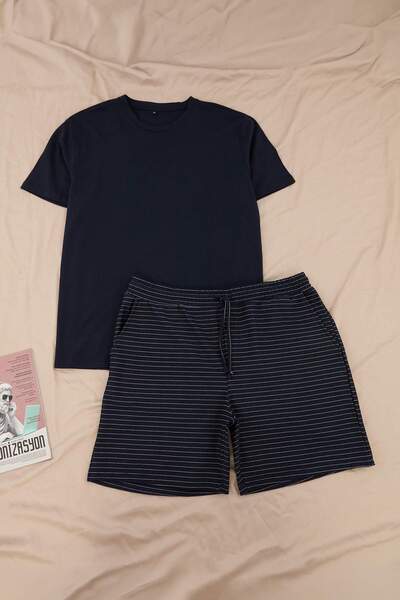 Trendyol Collection Big Size Navy Blue Regular Striped Shorts Knitted Pajama ...