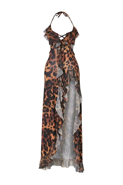 Trendyol Collection Rochie de plajă cu model leopard, cu volane țesute și dec...