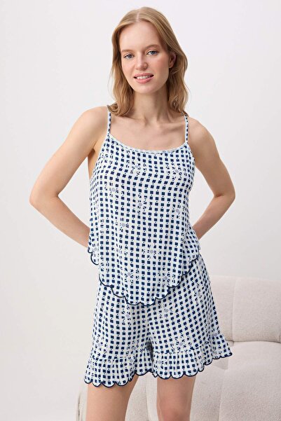 Trendyol Collection Set de pijamale țesute cu flori, mai sustenabile, albastr...