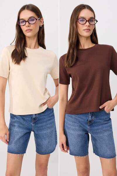 Συλλογή Trendyol Πλεκτό T-Shirt από ύφασμα Stone-Brown με χοντρό βαμβακερό στ...