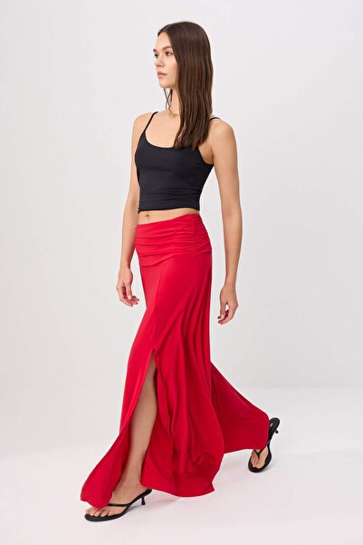 Trendyol Collection Fusta maxi tricotată elastică, roșie, cu detaliu la talie...