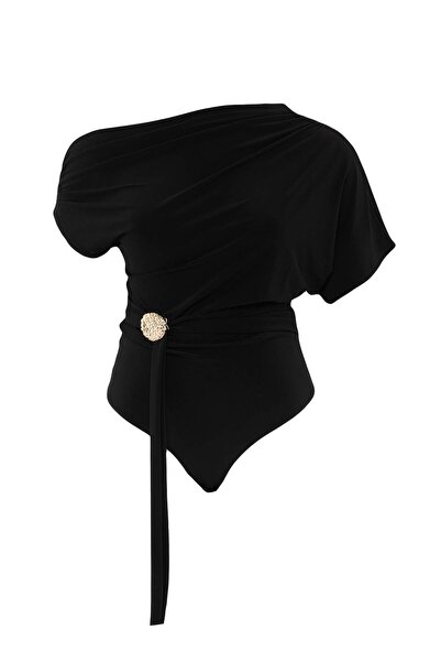 Trendyol Curve Black Asymmetric Collar Accessory Detailed Knitted Blouse Tbbs...