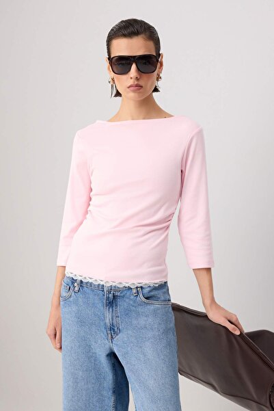Trendyol Collection Pink Fitted Lace Detailed Boat Neck Cotton Stretch Knitte...