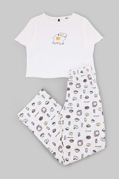 Trendyol Collection White Printed Cut Fiber Single Jersey Knitted Pajama Set ...