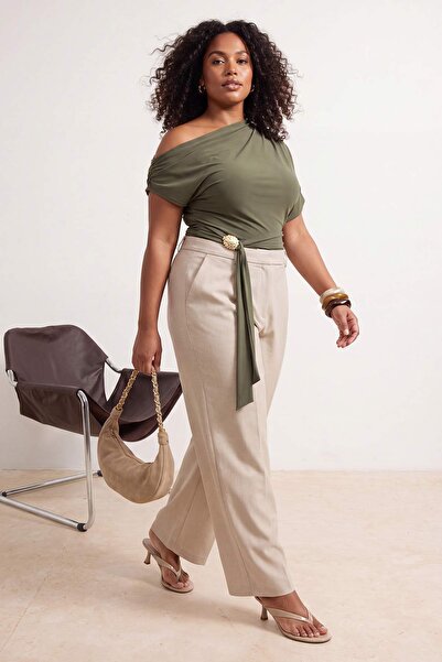 Trendyol Curve Khaki Asymmetric Collar Accessory Detailed Knitted Blouse Tbbs...