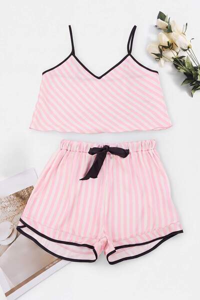 Trendyol Collection Powder Striped Piping and Ribbon/Bow Detail Woven Satin S...