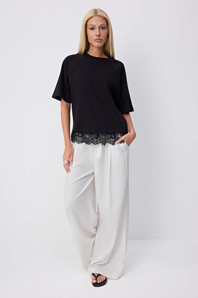 Trendyol Collection Black Plain Regular Crew Neck Raglan Sleeve Lace Detailed...
