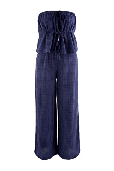 Trendyol Kollektion Marineblaues, gewebtes Strandblusen-Hosen-Set aus 100 % B...