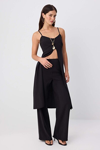 Trendyol Collection Bluză și pantaloni negri, lungi, cu țesătură la partea in...