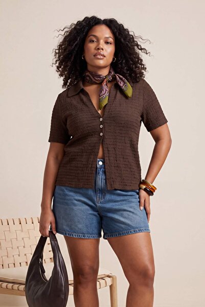 Trendyol Curve Μπλε ελαστικό ψηλόμεσο μίνι 100% Βαμβάκι Non-Stretch Plus Size...