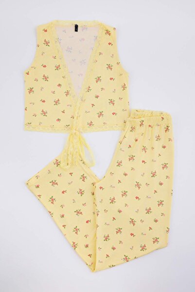 Trendyol Collection Yellow Viscose Blended Plain Lace Detailed Viscose Single...