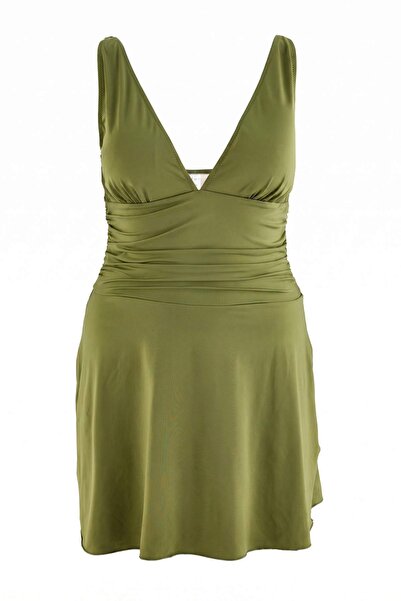 Trendyol Curve Khaki V-Neck Skirted Plus Size Swimsuit Tbbss26Am00046