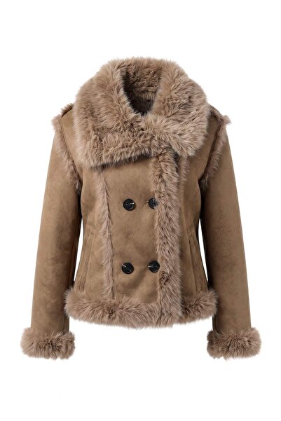 Trendyol Collection Mink Oversize Patterned Wide Fur Collar Faux Fur Coat Two...