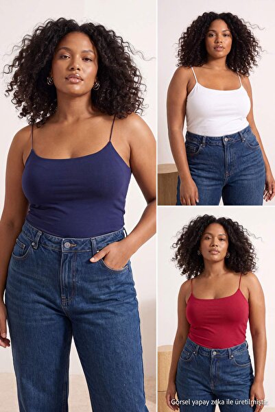 Trendyol Curve حزمة من 3 قطع من قمصان داخلية قصيرة بحمالات رفيعة باللون الأزر...