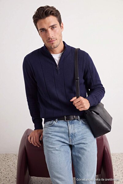 Trendyol Collection Dark Navy Regular/Normal Cut Line Textured Stand Collar S...