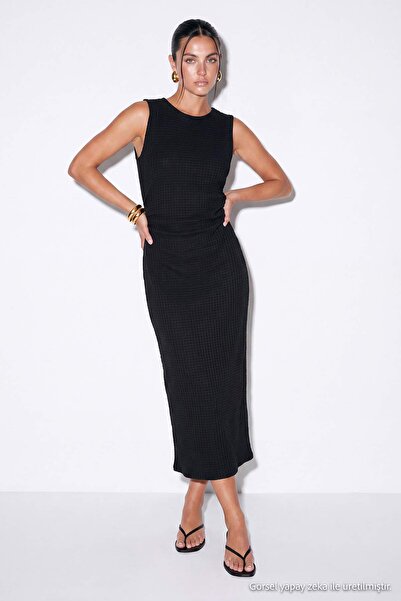 Drop by TrendyolMilla Black Crew Neck Side Elasticated Back Slit Long Lycra D...
