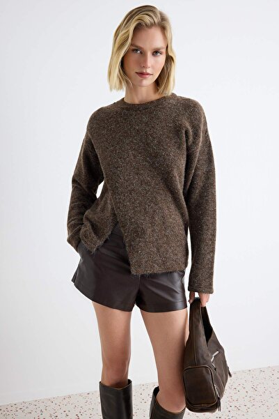 Trendyol Collection Mink Soft Wool Collar Shawl Detailed Knitwear Sweater Two...