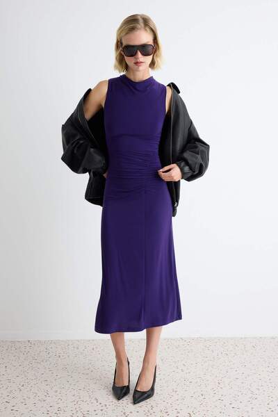 Trendyol Collection Purple Plain Bodycon Boat Neck Sleeveless Midi Thick Sand...