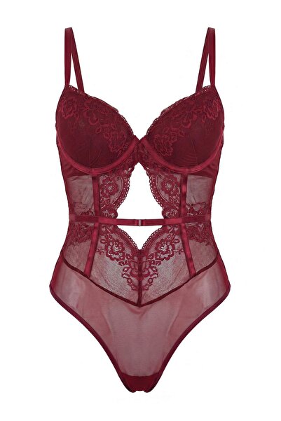 Trendyol Collection بودي محبوك مغطى بالدانتيل بحمالات رفيعة باللون العنابي TH...