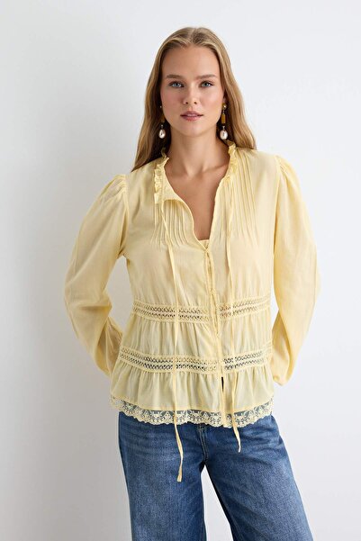 Trendyol Collection Light Yellow Bohemian Shirt with Accessory Detail Twoaw27...