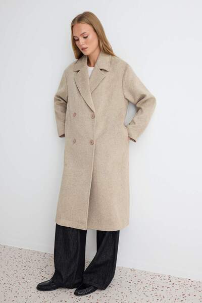 TRENDYOLMİLLA Taş Oversize Geniş Kesim Uzun Yünlü Kaşe Kaban TWOAW21KB0038