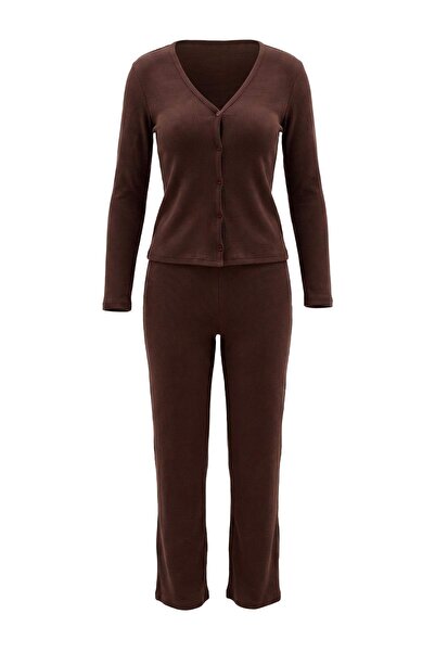 Trendyol Collection Brown Straight Ribbed Knit Pajama Set THMAW25PT00074