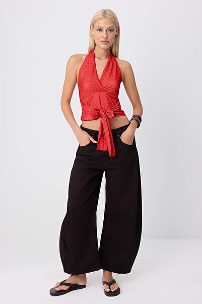 Trendyol Collection Red Polka Dot Fitted Halter Neck Sleeveless Stretch Knitt...