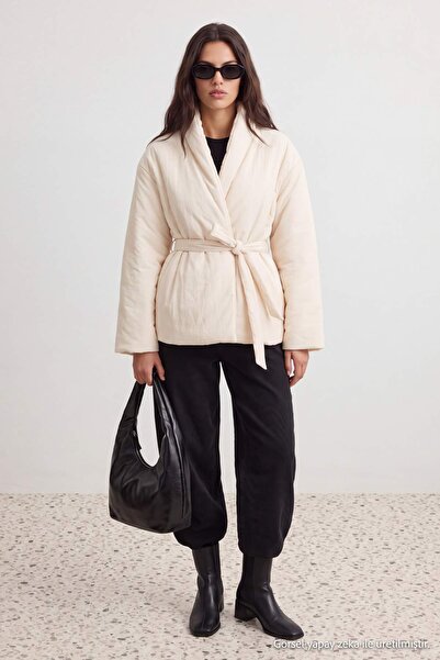 Trendyol Collection Ecru Oversize Molded Inflatable Coat with Tie Detail Twoa...