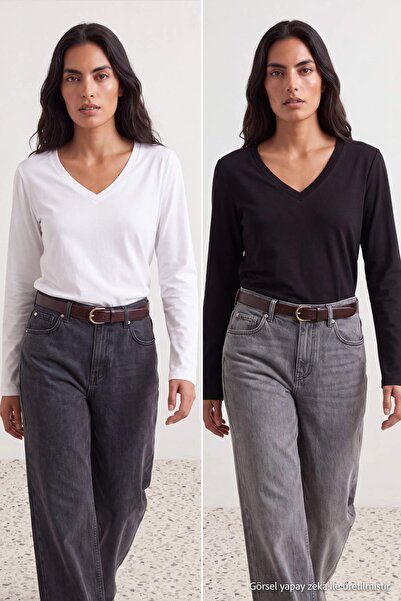 Trendyol Collection Black-White 2-Pack 100% Cotton V-Neck Regular Cut Knitted...