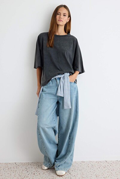 Trendyol Collection Anthracite Plain Oversize Crew Neck Regular 20/1 Combed S...