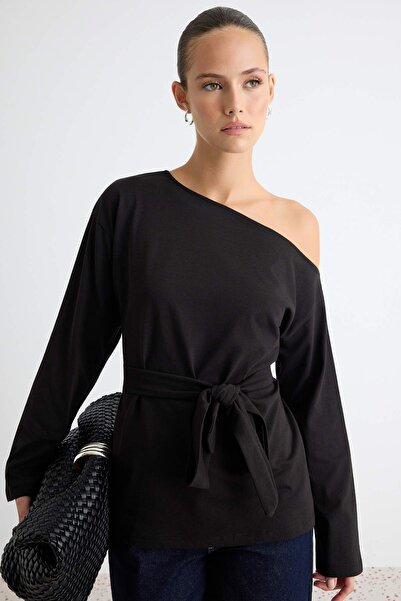Trendyol Collection Black Tok 100% Cotton Asymmetrical Collar Oversize Knitte...