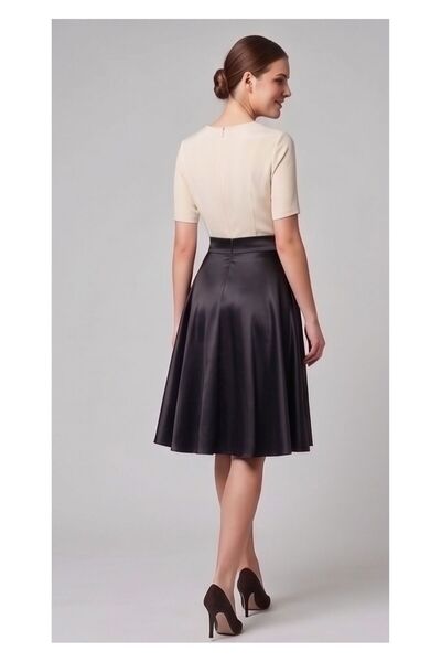 WAYS Kadın Siyah Arkadan Fermaurlı Saten Kloş Etek Yüksek Bel Orta Boy Etek