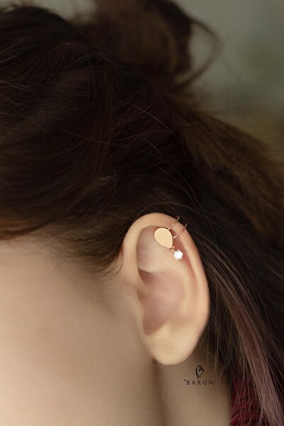 BY BARUN SİLVER Damla Kıkırdak Earcuff 925 Ayar Rose Pembe Zirkon Taşlı Sıkış...