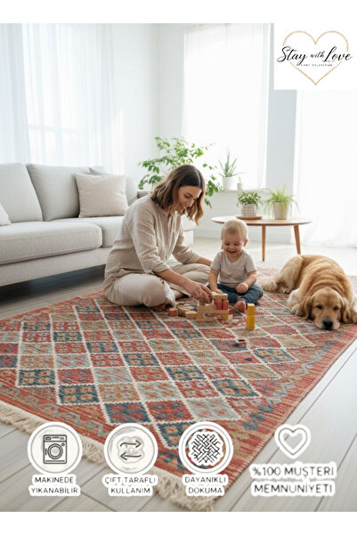 stay with love Dokuma Kilim Çift Taraflı Kullanılabilir Makinede Yıkanabilir ...