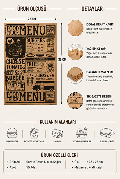BYTA Gazete Desen Sunum Kağıdı 50 Adet 35x25 Yağ Geçirmez Kraft Servis Kağıdı Burger, Fast Food, Cafe Sunum Kağıdı Karışık Desen Kendinden Desenli Vintage