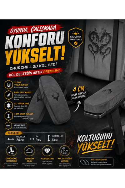XMAX Churchill 3D Koltuk Kol Pedi Kadife Kumaş 32 DNS Yoğun Sünger Koyu Antra...