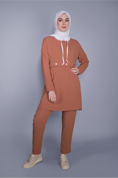 TRENDTESETTÜR طقم بنطلون نسائي بغطاء رأس بأربطة باللون البني 9366