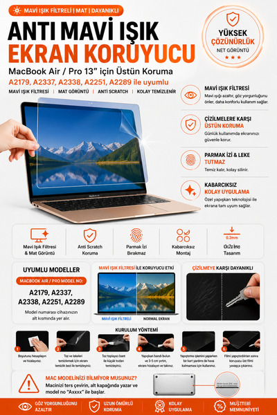 Mcstorey Ekran Koruyucu Macbook Air Pro 13inç M1 M2 Mavi Işık Filtreli A2179 ...