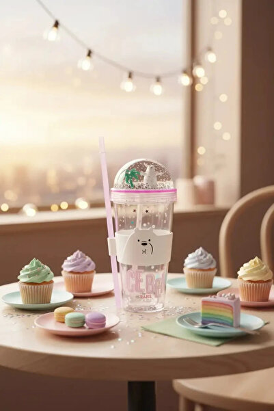 Miniso We Bare Bears Lisanslı Ice Bear Tasarımlı Pipetli ve Kapaklı Simli Pla...