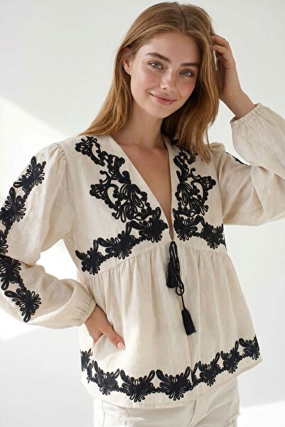 bacc Μπεζ κεντημένο μπουφάν από ακατέργαστο λινό με λεπτομέρεια δεσίματος