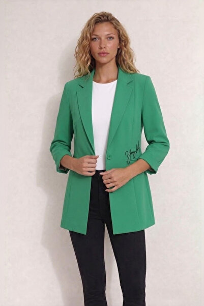 WHİTE DİAMOND Cebi Baskılı Düğmeli Yeşil Blazer Ceket
