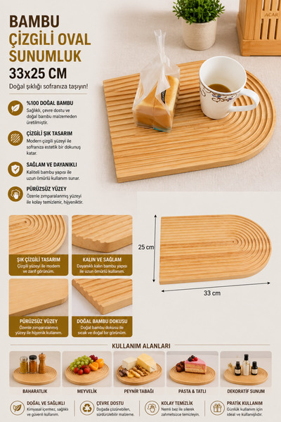 Genel Markalar Bambu Çizgili Oval Sunumluk 33x25 - Doğal Servis Tabağı