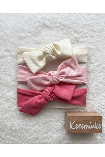 Kereminko Bebek Kız Bebek ve Çocuk Pembe Renkli Fiyonklu Saç Bandanası 3lü Set