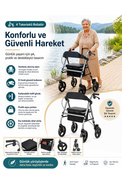 Witali 4 Tekerli Rölatör Frenli, Katlanabilir, Koltuklu Yürüteç Tekerlekli Ro...