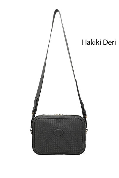 GÖNDERİ(R) Kadın Gri Hakiki Deri Hasır Örgü Uzun Askılı Omuz Çantası
