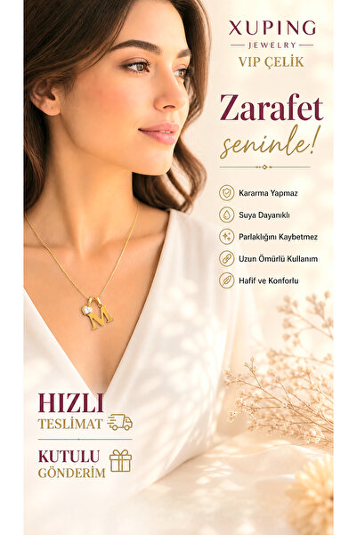 MİLUNXTE Xuping Kolye Kadın Gold Renk M Harfli Ve Kalpli Zirkon Taşlı Çelik K...